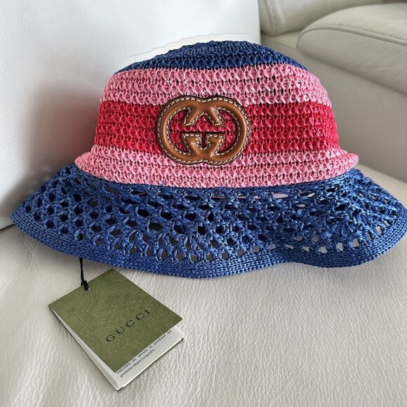 NWT GUCCI  Gg-Logo Striped Faux-Raffia Hat $750 SZ M Bucket Pink Blue Red - Picture 3 of 9